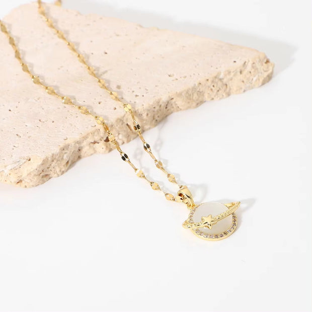 Women Jewelry Zircon Planet Eearth Cat Eye Opal Stone Pendant Necklaces 18K Gold Chain Choker Stainless Steel Necklace