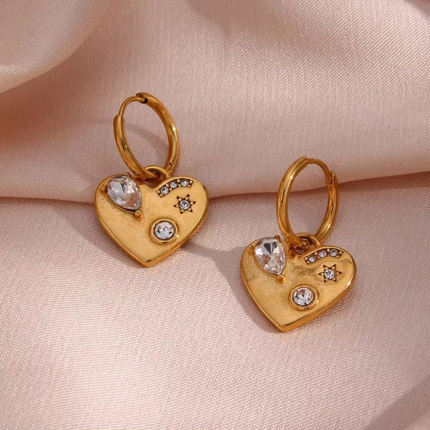 Tarnish Free Shining Zircon Jewelry Heart Drop Earrings Gold Plated Jewelry Stainless Steel Gold Hoop Earring