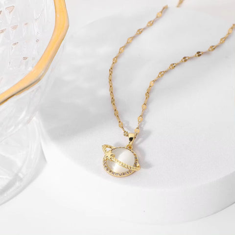 Women Jewelry Zircon Planet Eearth Cat Eye Opal Stone Pendant Necklaces 18K Gold Chain Choker Stainless Steel Necklace