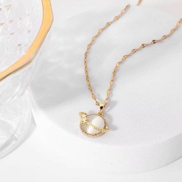 Women Jewelry Zircon Planet Eearth Cat Eye Opal Stone Pendant Necklaces 18K Gold Chain Choker Stainless Steel Necklace