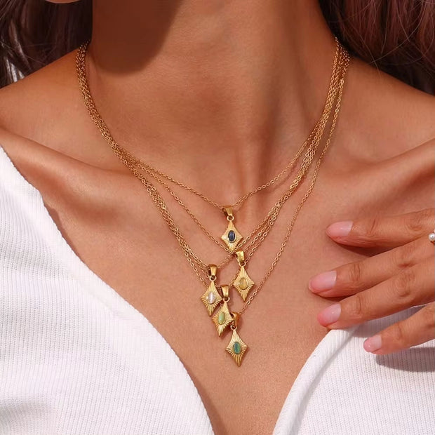 Vintage Engraved Rhombic Colorful Man-Made Opal Pendant Necklace 18K Gold Plated Stainless Steel Necklace Design Jewelry