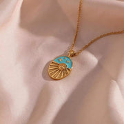 Vintage Oval Shape Enamel Sun Star Design Pendant Necklace Tarnish Free 18K Gold Plated Stainless Steel Necklace