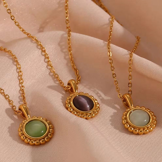 Vintage Jewelry Colorful Stone Pendant Necklace 18K Gold Plated Sunflower Shape Stainless Steel Necklace