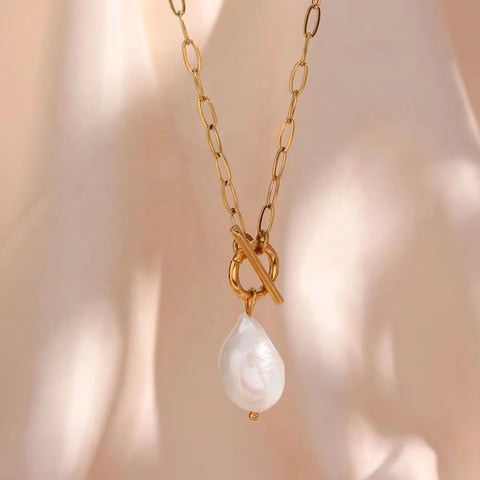18K Gold Plated Baroque Fresh Water Pearl Paper Clip Chain Stainless Steel Pendant Necklace