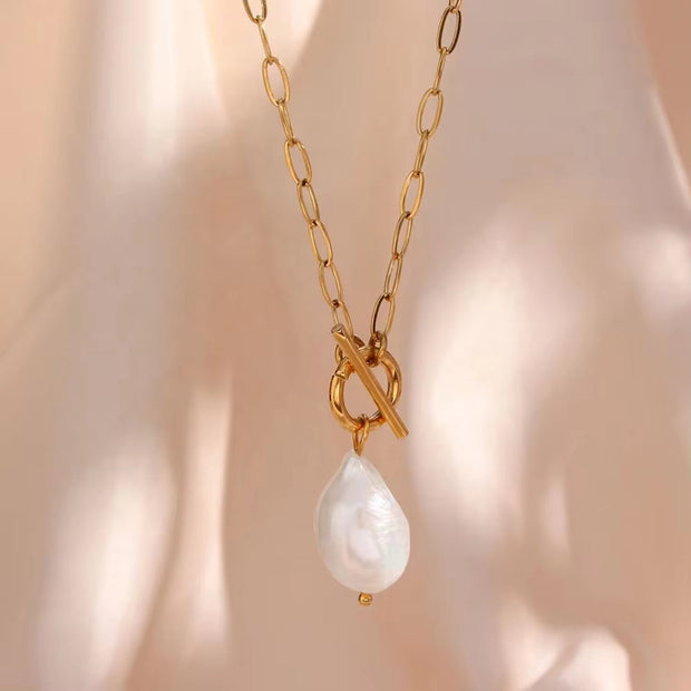 18K Gold Plated Baroque Fresh Water Pearl Paper Clip Chain Stainless Steel Pendant Necklace