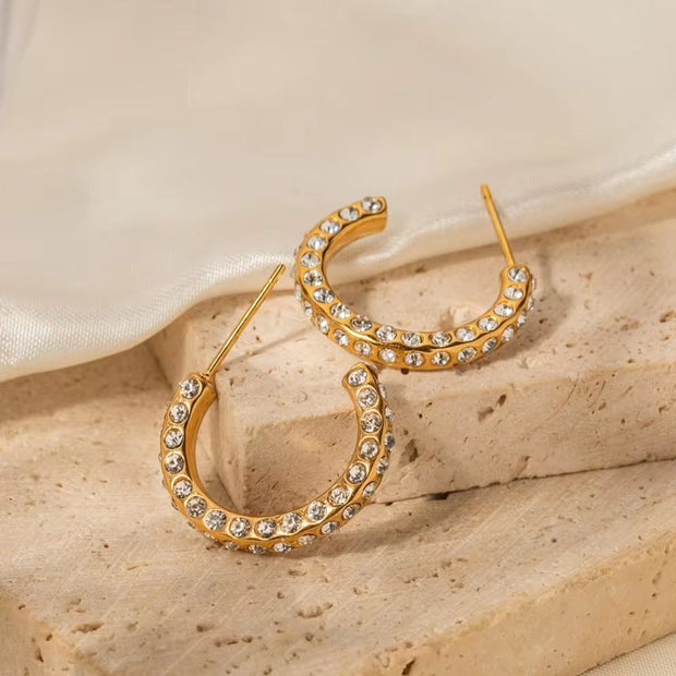 Waterproof 18K Gold Plated CZ Stone Earring Stainless Steel Pave Clear Cubic Zirconia CC Hoop Earring for Girls