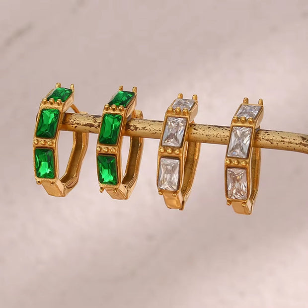 18K Gold Plated Shining Zircon Hoop Earring Tarnish Free Bamboo Shape Stainless Steel Huggies Hoop Earring