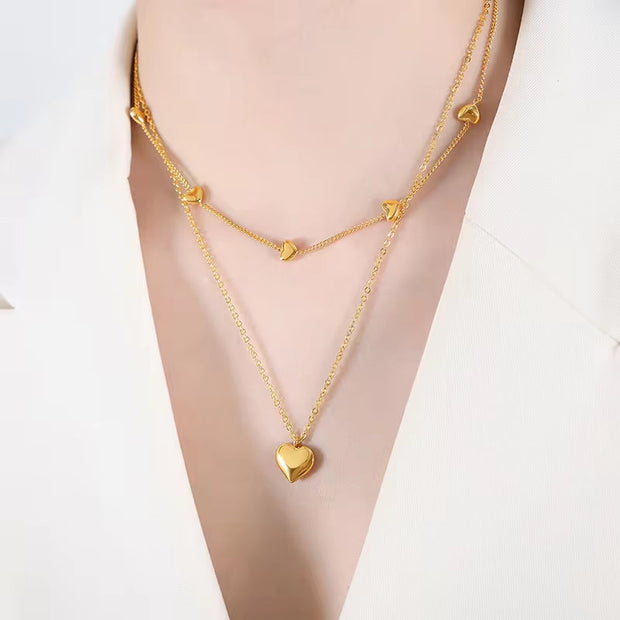 Wholesale Custom Fashion Jewelry 18K Gold Plated Stainless Steel Double Layer Dainty Heart Pendant Necklace for Women