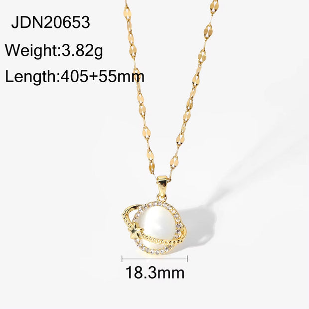 Women Jewelry Zircon Planet Eearth Cat Eye Opal Stone Pendant Necklaces 18K Gold Chain Choker Stainless Steel Necklace