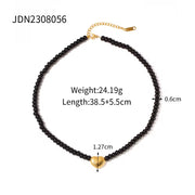 18K Gold Plated Stainless Steel Gift Black Obsidian Beads 3D Dimensional Heart Pendant Choker Necklace Women