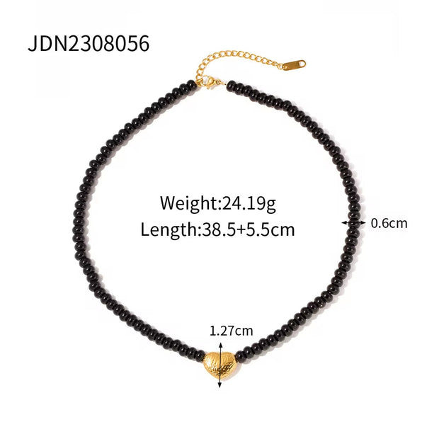 18K Gold Plated Stainless Steel Gift Black Obsidian Beads 3D Dimensional Heart Pendant Choker Necklace Women