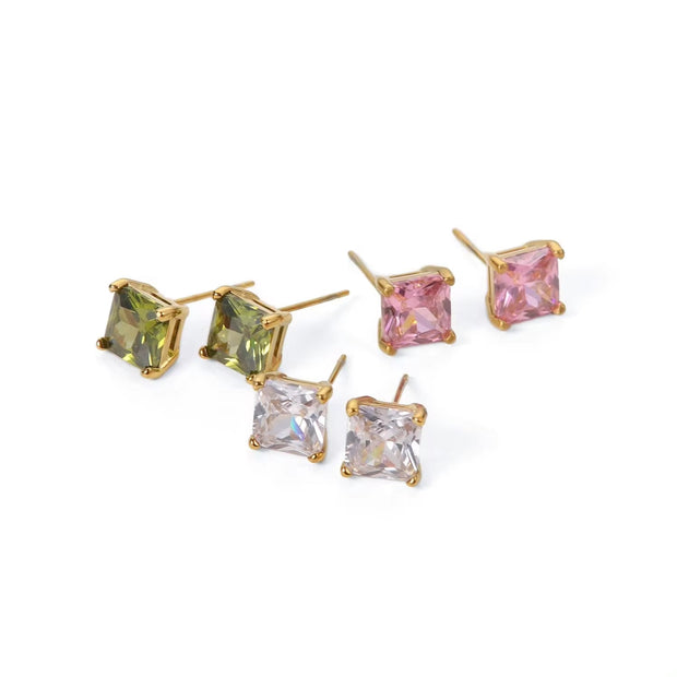 18K Gold Plated Stainless Steel Jewelry Gift Square Earrings Colorful Cubic Zirconia Stud Earrings
