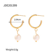 18K Gold Planted Pearl CC Texture Hoop Earring Nontarnish Stainless Steel Pearl Hoop Earring for Women