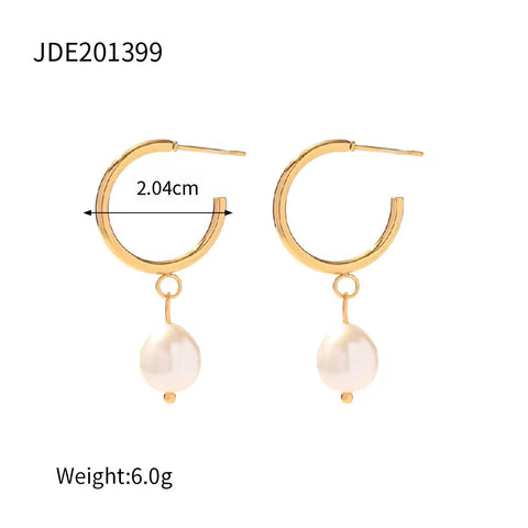18K Gold Planted Pearl CC Texture Hoop Earring Nontarnish Stainless Steel Pearl Hoop Earring for Women