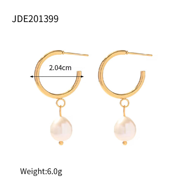 18K Gold Planted Pearl CC Texture Hoop Earring Nontarnish Stainless Steel Pearl Hoop Earring for Women