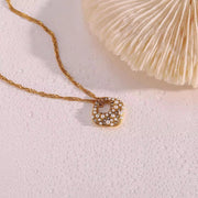 Tarnish Free Square Pearl & Zircon Pendant Necklace 18K Gold Plated Stainless Steel Necklace for Women