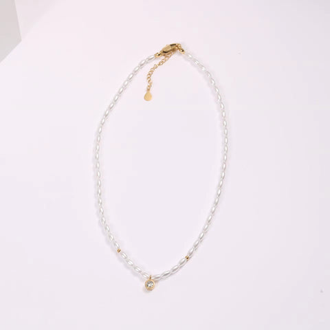 Waterproof Stainless Steel Seed Bead Choker Necklace Fashion Baroque Freshwater Pearl round Zircon Pendant Necklaces