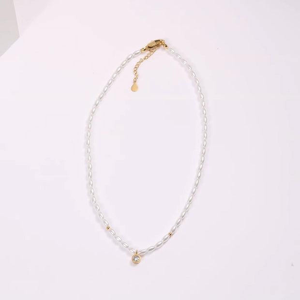 Waterproof Stainless Steel Seed Bead Choker Necklace Fashion Baroque Freshwater Pearl round Zircon Pendant Necklaces