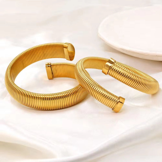 Trendy 304L Stainless Steel Cuff Bangle Unusual Men Women Textured 18K Gold Color Bracelet Daily Jewelry High Quality
