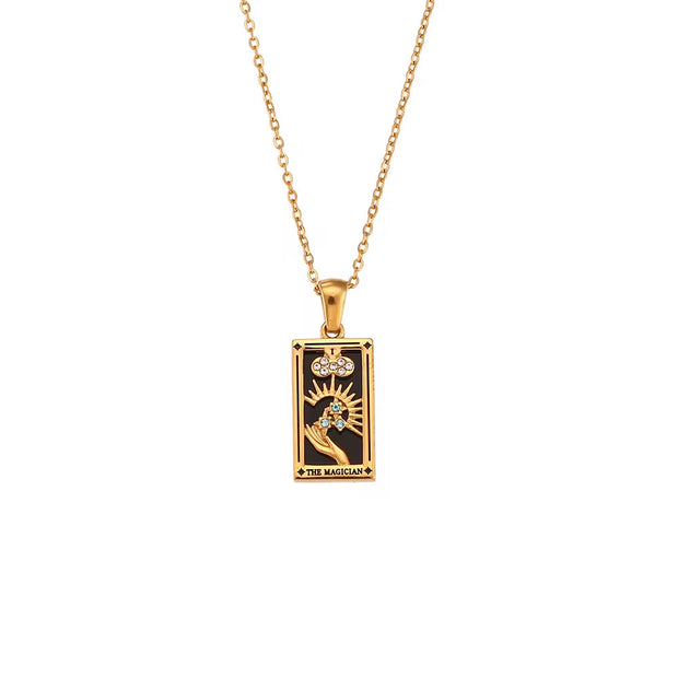 Trendy Square Colorful Enamel Zircon Tarot Cards Pendant Necklace 18K Gold Plated Stainless Steel Necklaces for Women