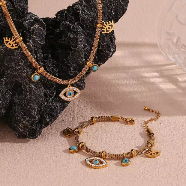 Vintage Turquoise Evil Eye Jewelry Gemstone Charm Choker Gold Plated Chain Necklace Stainless Steel Jewelry