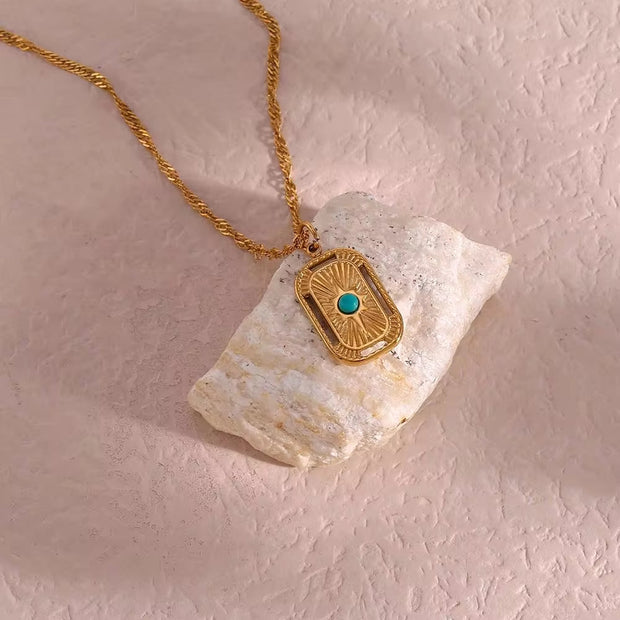 Vintage Tarnish Free Square Sunburst Turquoise Pendant Necklace 18K Gold Plated Stainless Steel Necklace