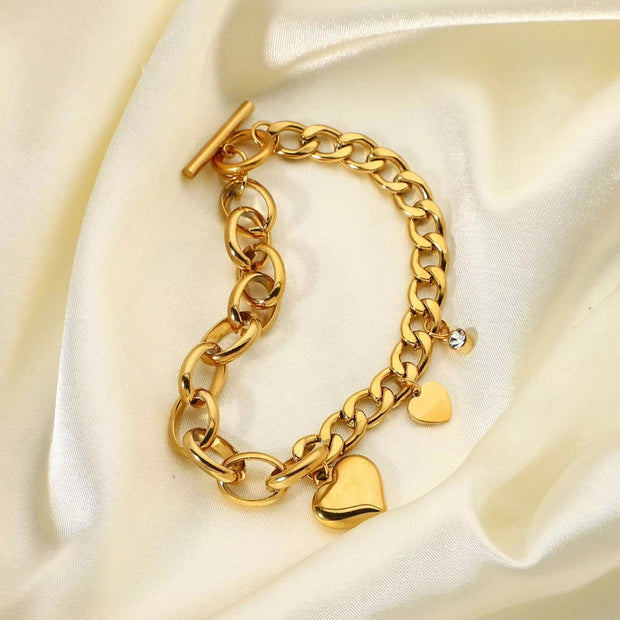 18K Gold Plated OT Buckle Cubic Zircon Heart Stainless Steel Chunky Cuban Chain Bracelet
