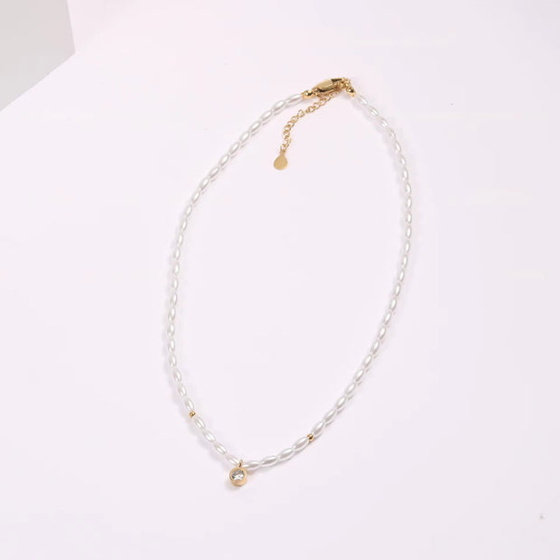 Waterproof Stainless Steel Seed Bead Choker Necklace Fashion Baroque Freshwater Pearl round Zircon Pendant Necklaces