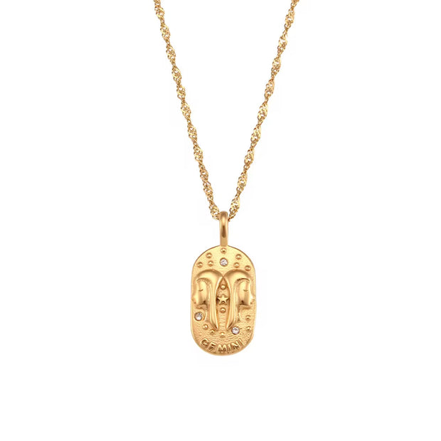 Vintage Embossment 12 Zodiac Signs Zircon Pendant Necklace 18K Gold Plated Stainless Steel Necklace for Women