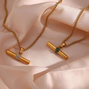 Trendy 18K Gold Plated Snake Chain Micro Pave Zircon Bar Pendant Necklace Stainless Steel Necklace for Women