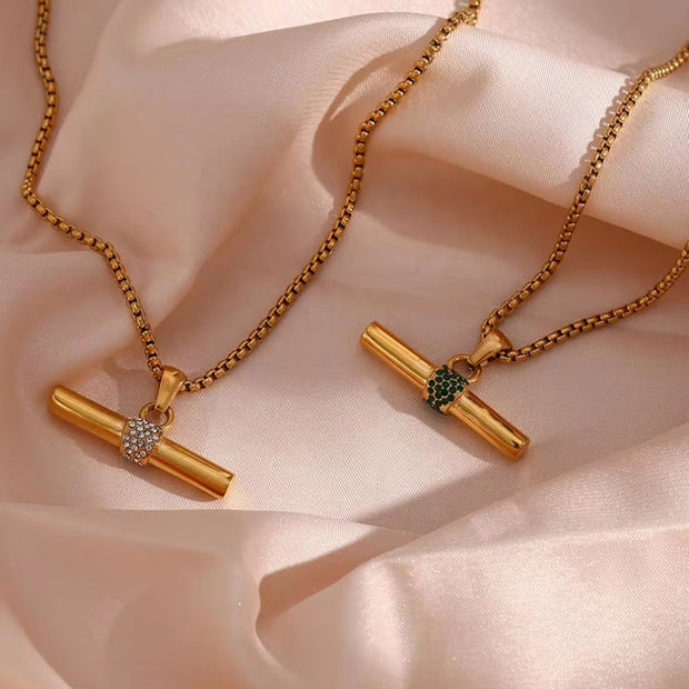 Trendy 18K Gold Plated Snake Chain Micro Pave Zircon Bar Pendant Necklace Stainless Steel Necklace for Women
