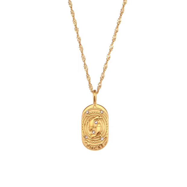Vintage Embossment 12 Zodiac Signs Zircon Pendant Necklace 18K Gold Plated Stainless Steel Necklace for Women