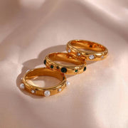 Trendy 18K Gold Plated Fresh Water Pearl & Zircon Rings Jewelry Women Tarnish Free Stainless Steel Rings