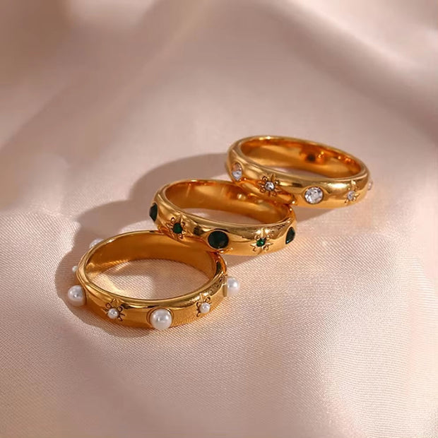 Trendy 18K Gold Plated Fresh Water Pearl & Zircon Rings Jewelry Women Tarnish Free Stainless Steel Rings