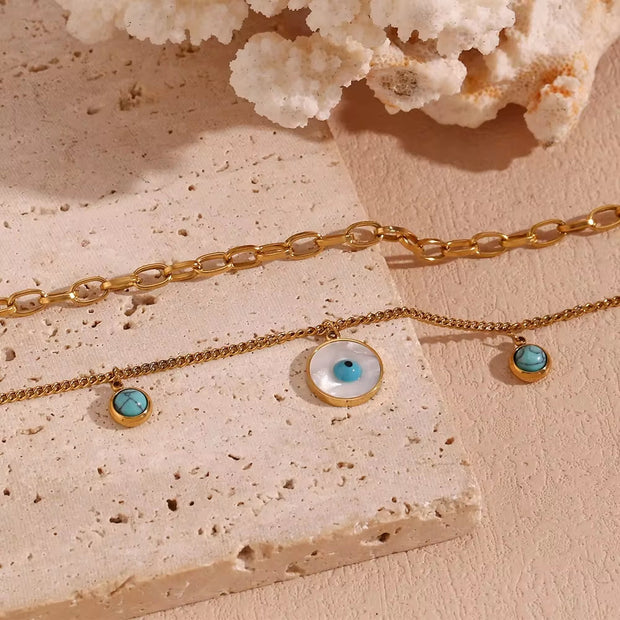 Turquoise Evil Eye Charm Necklace Double Layer Chain Necklace Gold Plated Stainless Steel Jewelry