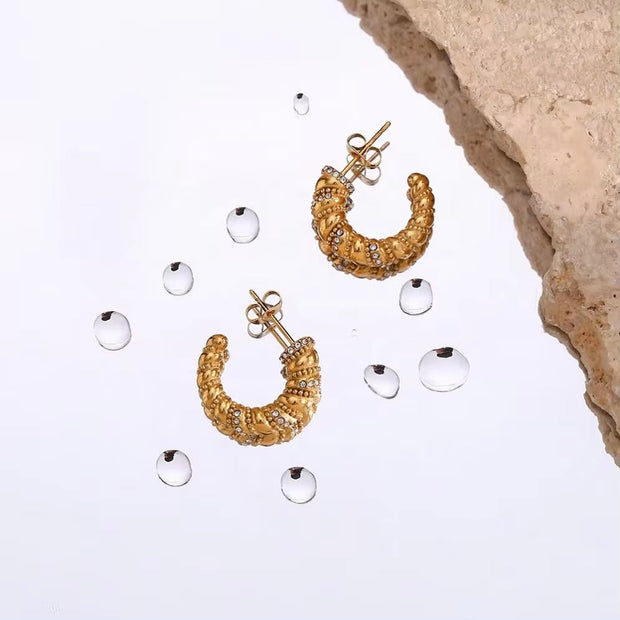 Vintage 18K Gold Plated Zircon Twist Croissant Hoop Earring Tarnish Free Stainless Steel Hoop Earring for Women
