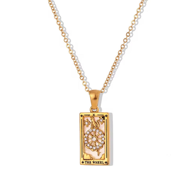Trendy Square Colorful Enamel Zircon Tarot Cards Pendant Necklace 18K Gold Plated Stainless Steel Necklaces for Women