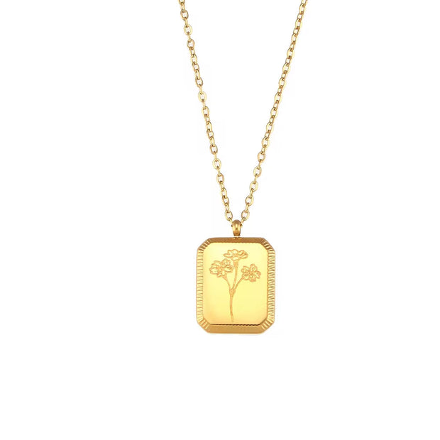 Vintage Engraved Square Birth Flower Pendant Necklace 18K Gold Plated Stainless Steel Tarot Necklace