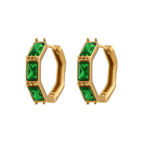 18K Gold Plated Shining Zircon Hoop Earring Tarnish Free Bamboo Shape Stainless Steel Huggies Hoop Earring