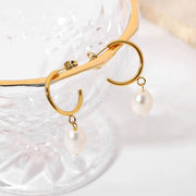 18K Gold Planted Pearl CC Texture Hoop Earring Nontarnish Stainless Steel Pearl Hoop Earring for Women