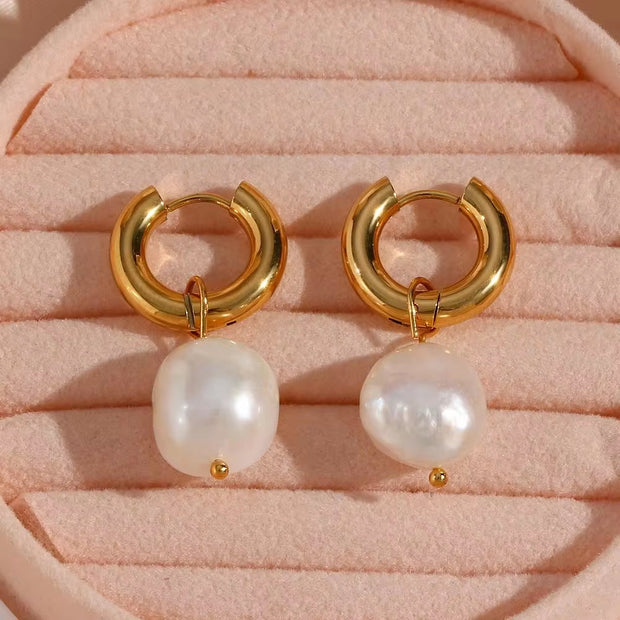 Vintage Water Proof Fresh Water Pearl Earrings Hypoallergenic Non Tarnish Stainless Steel Gold Hoop Earrings for Women