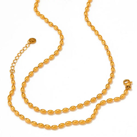 Wholesale Custom Stainless Steel Jewelry 18k Pvd Gold Plated Oval Rice Bead Link Chain Bracelet Necklace For Women