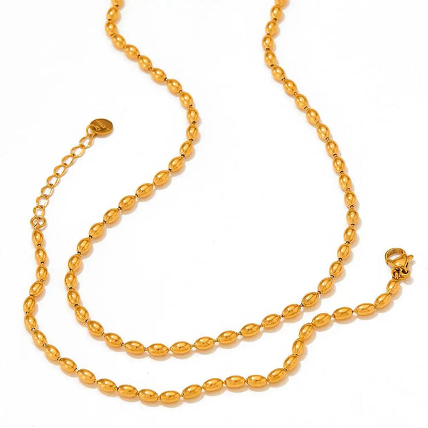 Wholesale Custom Stainless Steel Jewelry 18k Pvd Gold Plated Oval Rice Bead Link Chain Bracelet Necklace For Women