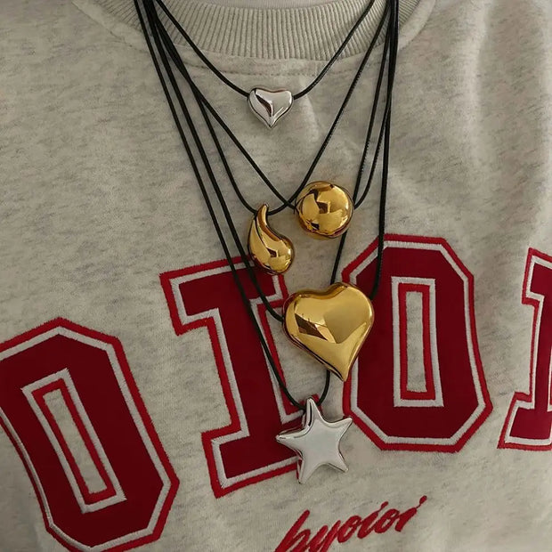 Vintage Big Puffy Heart Drop Star Sphere Shapes Hollow Pendant Black Leather Cord Chain Choker Necklace Adjustable for Women