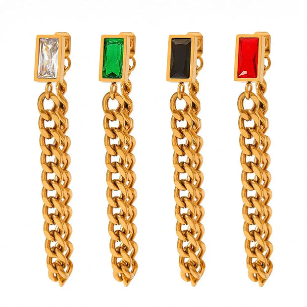 Trendy 18k Gold Plated Earring Colorful Zircon Drop Long Chain Tassels Stainless Steel Earrings For Women