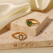 White Pearl Shiny Cubic Zircon SunFlower Ins Fashion 18K PVD Gold Plated Stainless Steel Stacking Ring