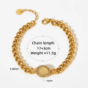 Vintage Gold Plated Stainless Steel Green Agate Stone Zircon Inlaid  Cuban Chain Bracelet For Women