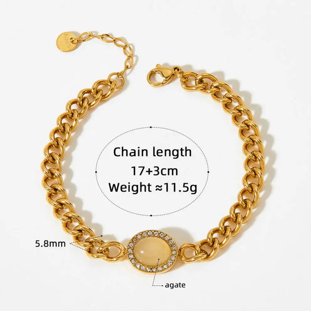 Vintage Gold Plated Stainless Steel Green Agate Stone Zircon Inlaid  Cuban Chain Bracelet For Women