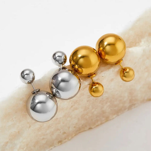 Two Ways To Wear Pearl Double Ball Bead Earrings Stainless Steel Gold Plated Stud Drop Earrings Women Jewelry