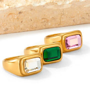 Trendy Jewelry Gold Plated Cubic Zirconia Ring Stainless Steel Square Pink Green Zircon Ring
